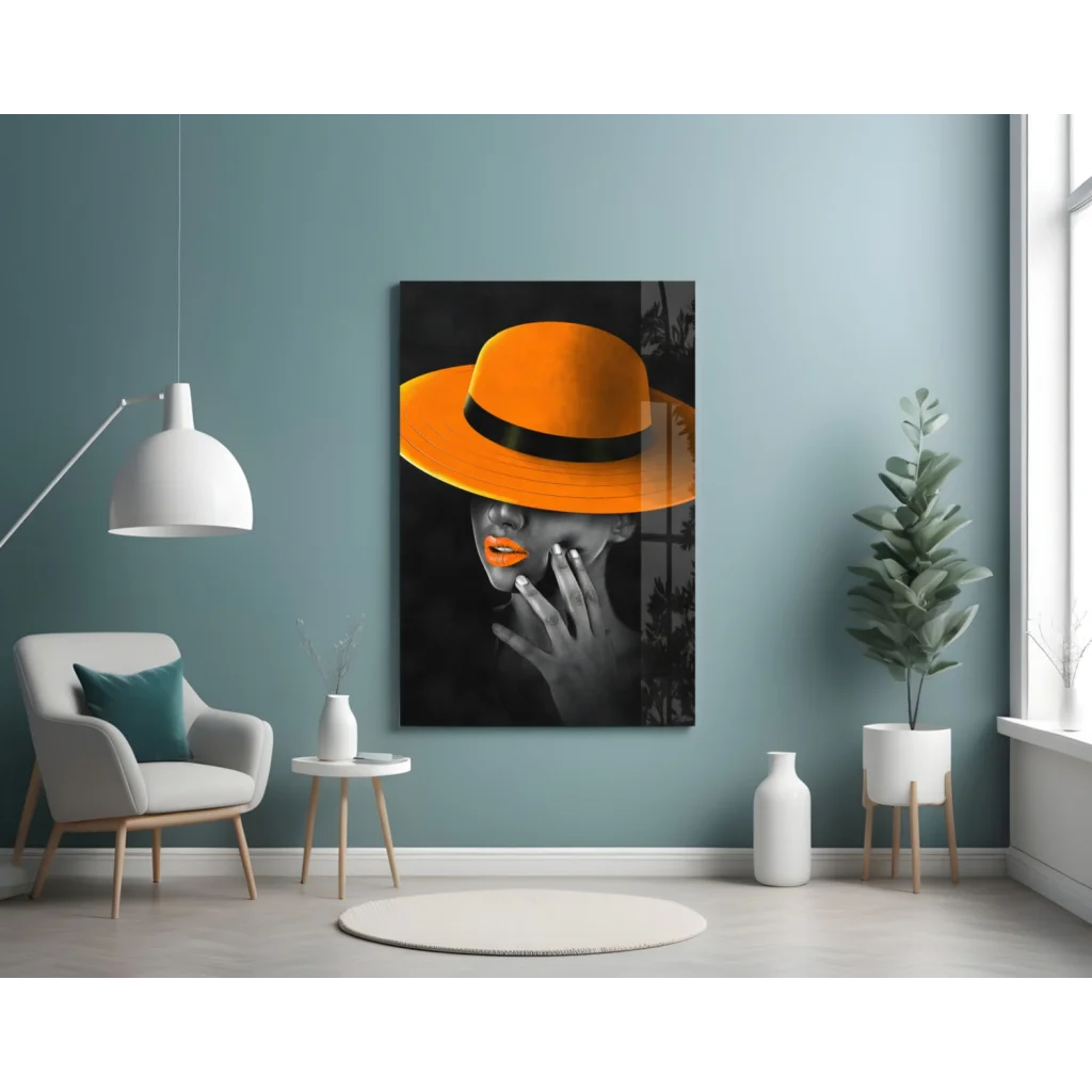 Vibrant orange fedora in bold pop art on glass wall decor