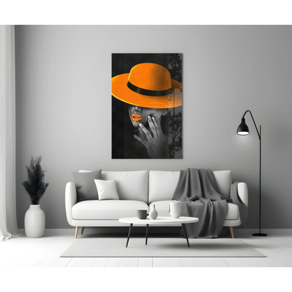 Bold orange fedora in vibrant pop art on glass wall art
