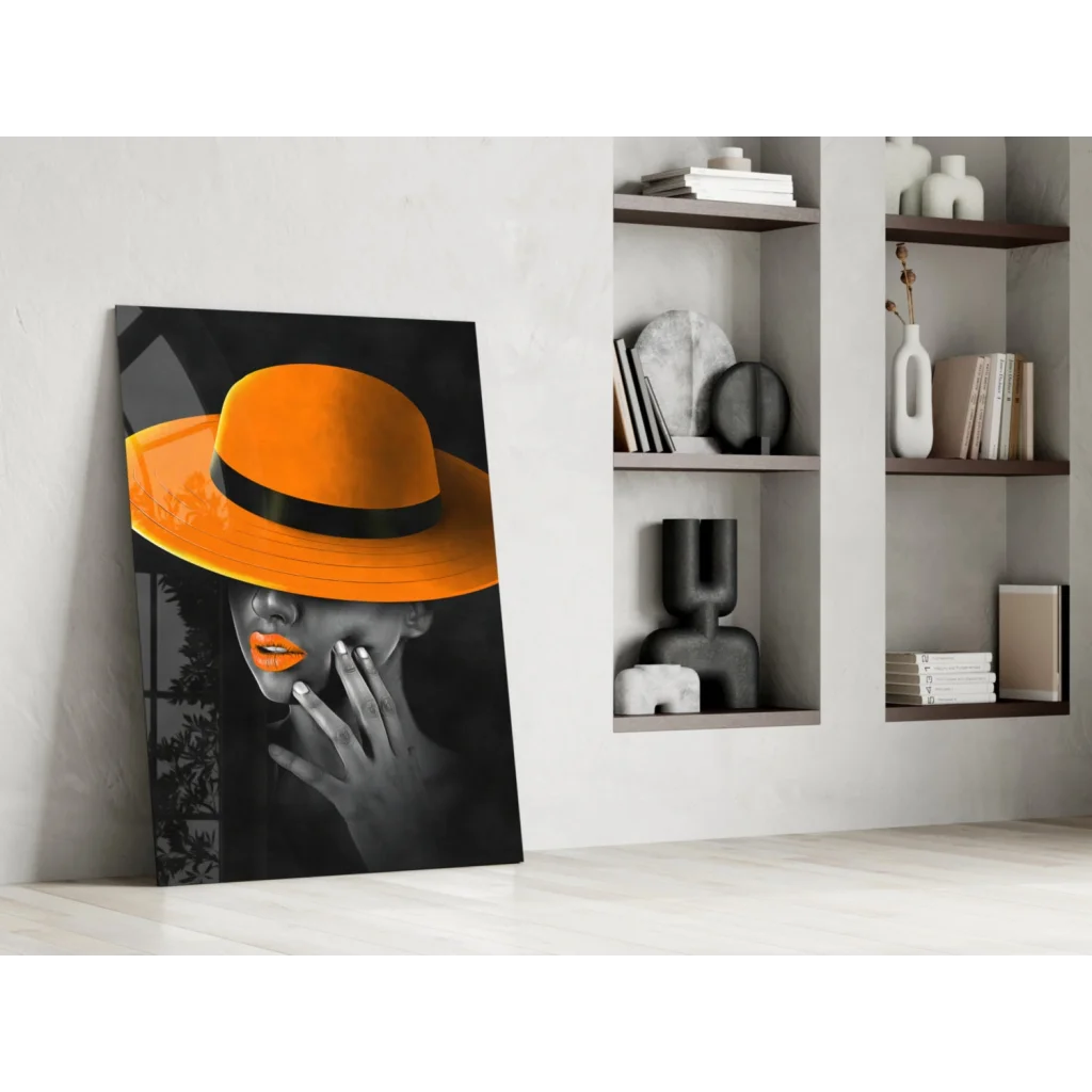 Vibrant orange fedora in bold pop art on glass wall decor