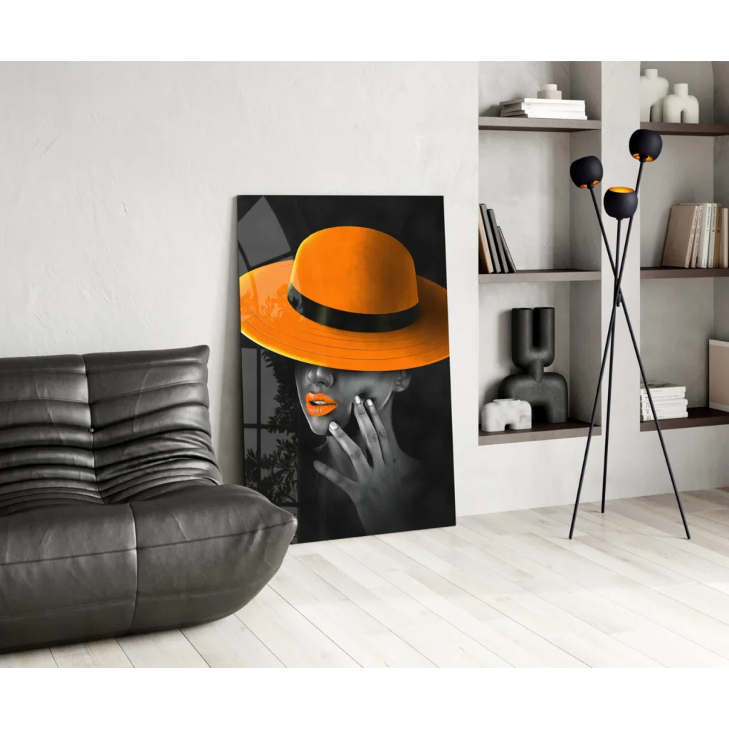 Bold orange fedora pop art glass wall decor on canvas