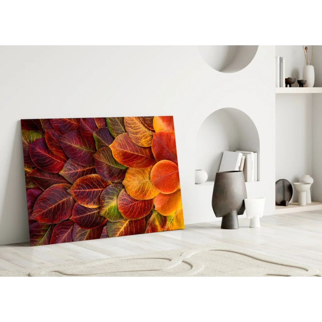 Stunning autumn leaves glass wall art print in vibrant reds oranges purples