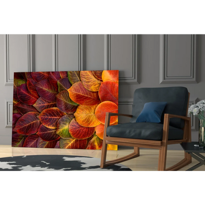 Vibrant autumn leaves glass wall art in rich reds, oranges, yellows