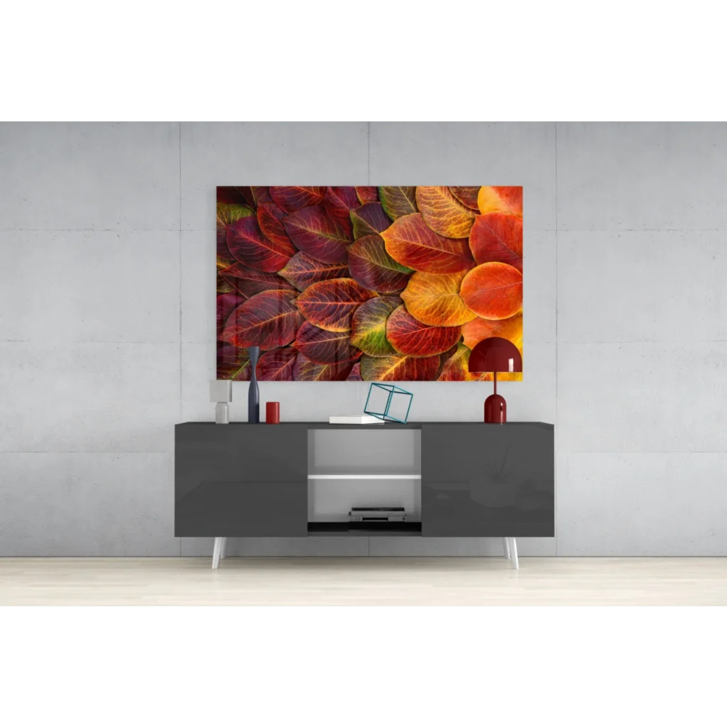 Stunning autumn leaves glass wall art print with vibrant reds, oranges, yellows