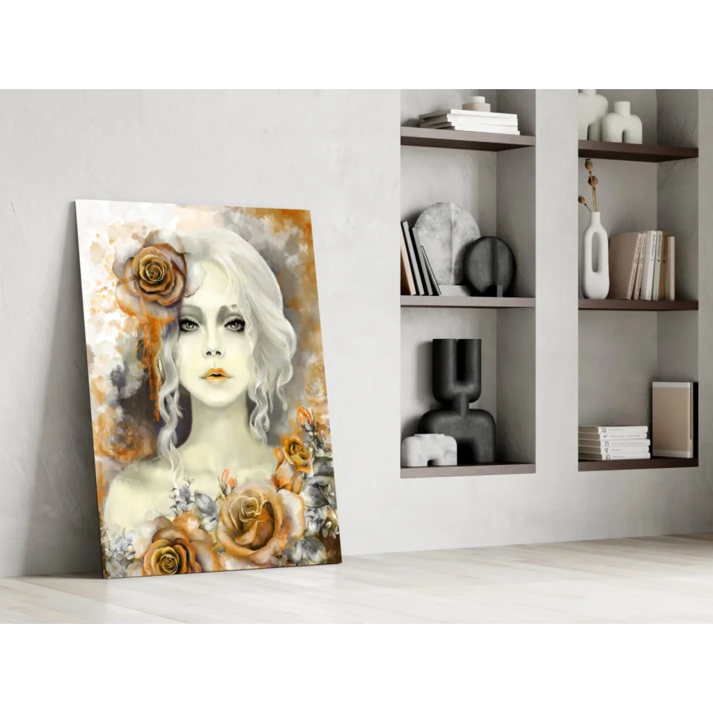 Orange Rose Watercolor Woman Portrait Canvas Wall Art
