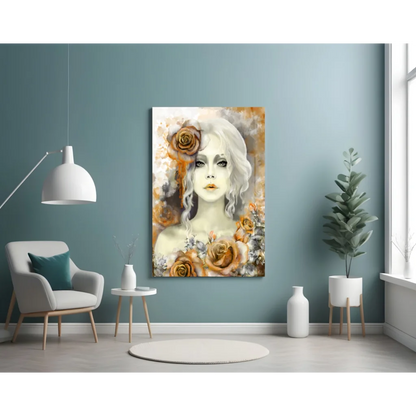 White-haired woman with orange roses watercolor wall art on canvas