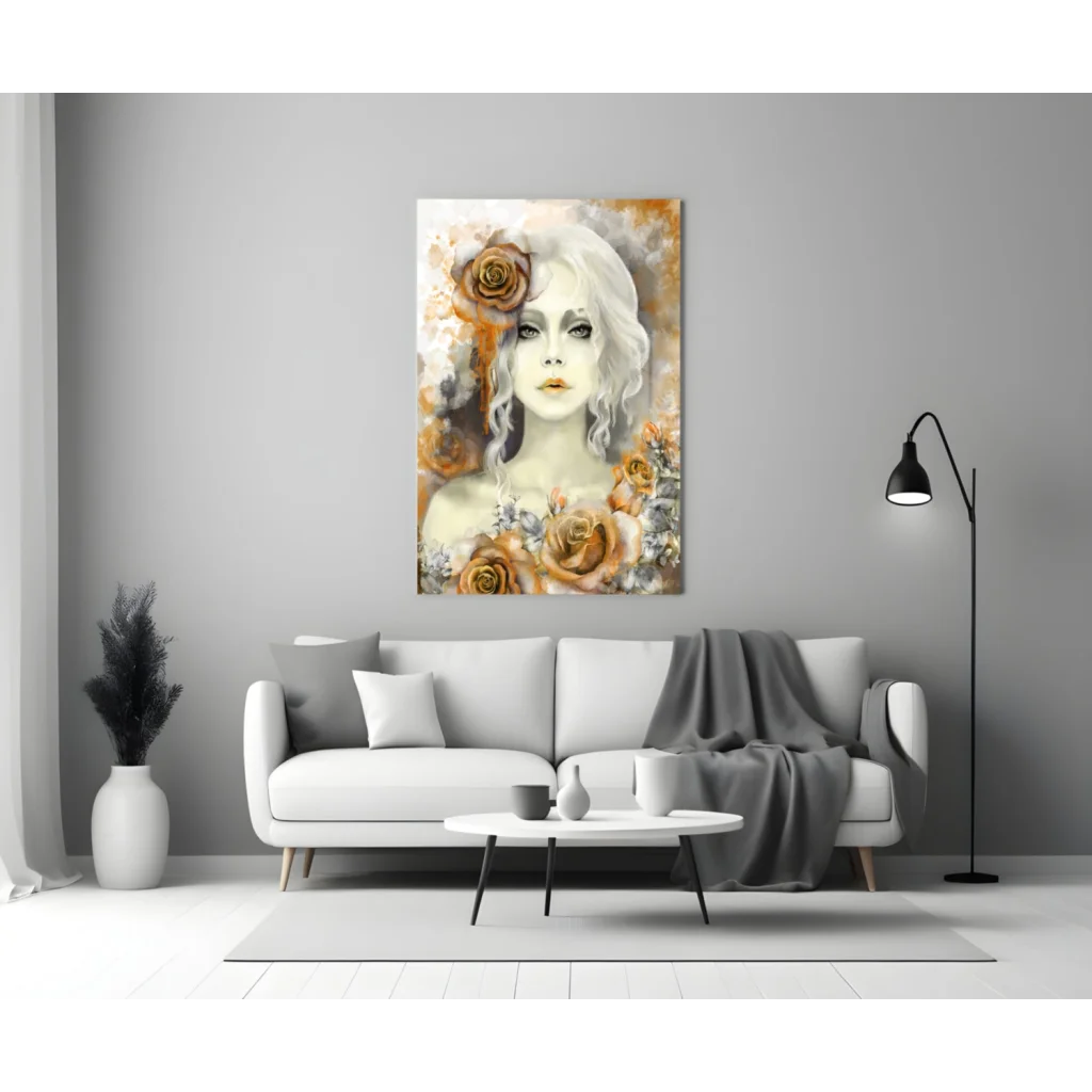 Watercolor woman portrait with white hair and orange roses wall art