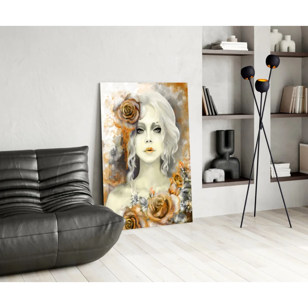 Vertical watercolor woman portrait canvas wall art with orange roses