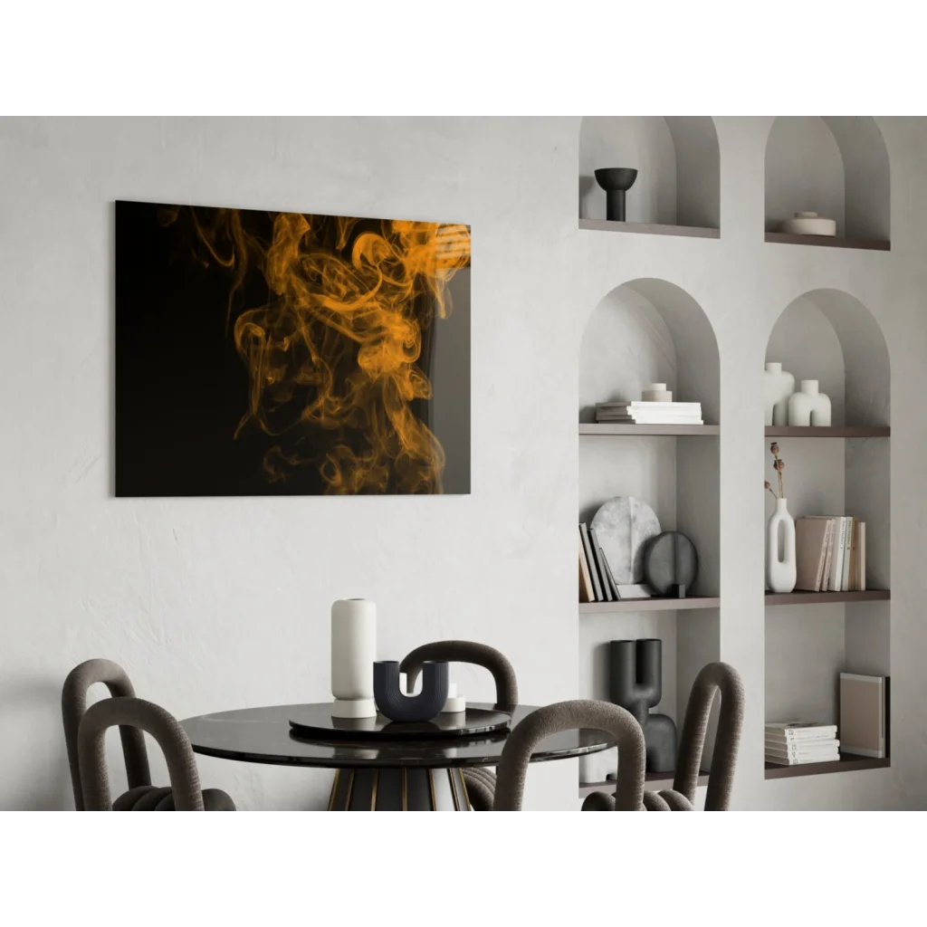 Modern black-orange abstract smoke wall art on white wall