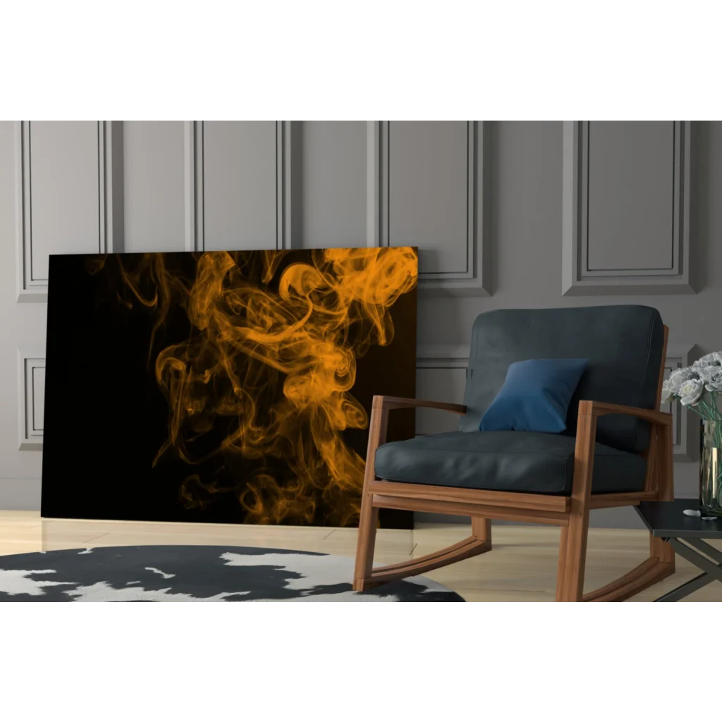 Golden smoke canvas wall art with swirling orange on black background