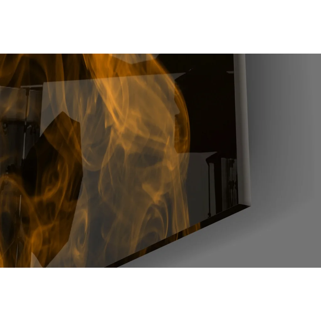 Fiery orange flame on monitor in golden smoke glass wall art