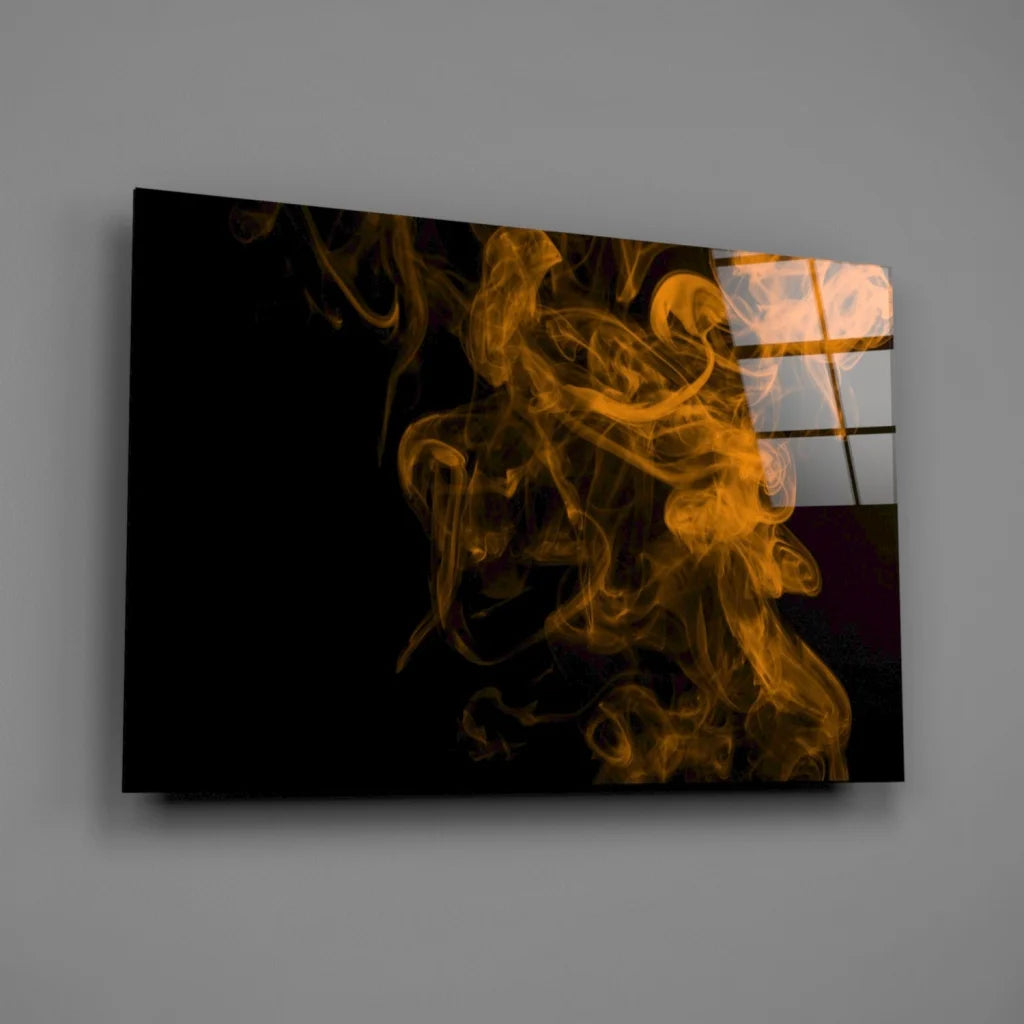 Golden smoke wall art canvas print with swirling orange hues and reflective glass window