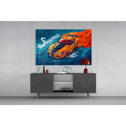 Orange Supra sports car wall art canvas with flames on gray wall