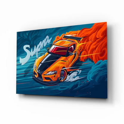 Vibrant orange Supra sports car wall art canvas with flames