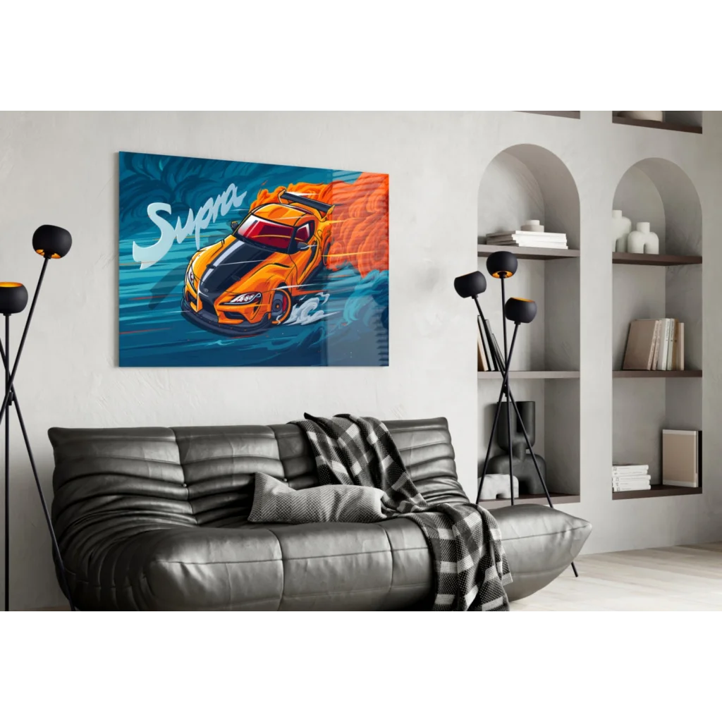 Vibrant orange Supra sports car wall art canvas with flames on wall