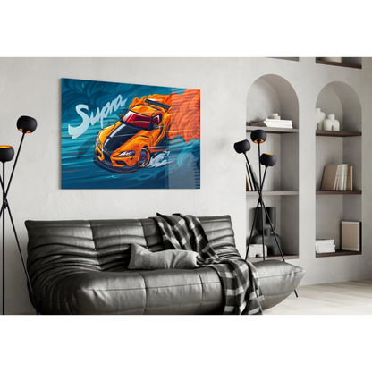 Vibrant orange Supra sports car wall art canvas with flames on wall