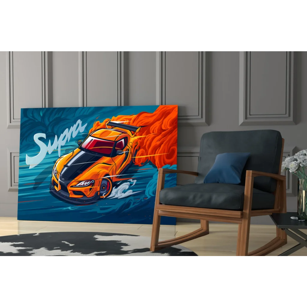 Orange Supra sports car wall art canvas with flames and water splashes
