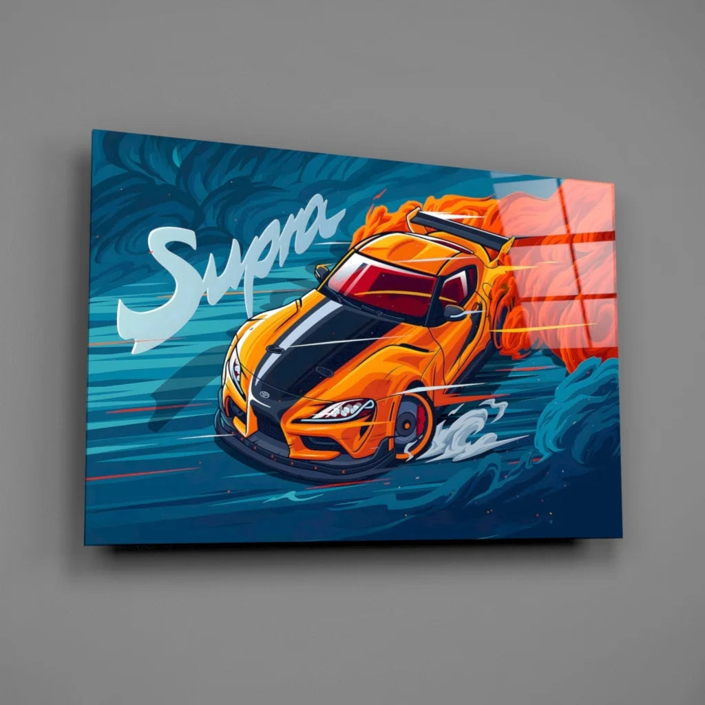 Vibrant orange Toyota Supra wall art canvas with flames
