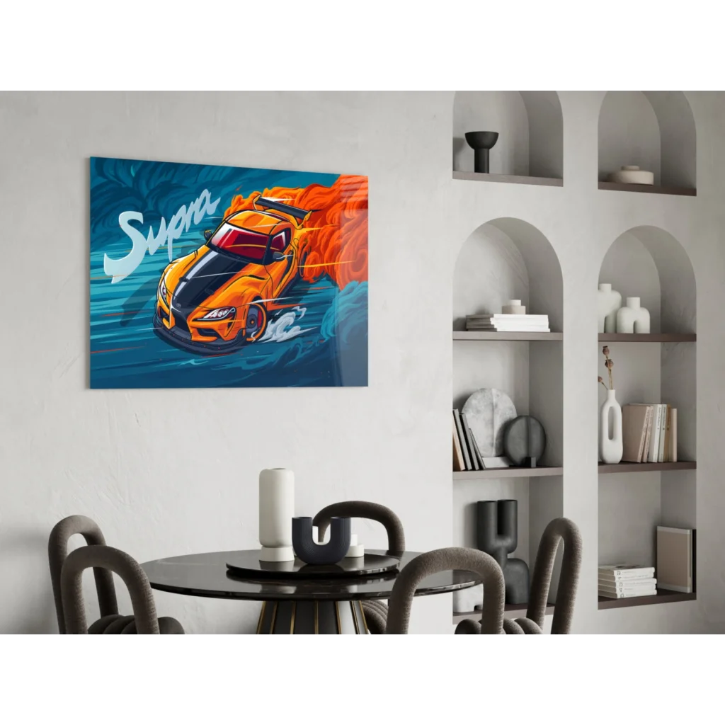 Vibrant orange Supra sports car wall art canvas with flames on blue background