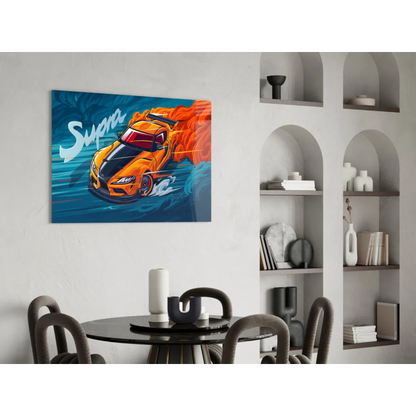 Vibrant orange Supra sports car wall art canvas with flames on blue background