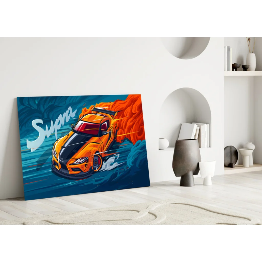 Vibrant orange Supra sports car wall art canvas with blue water and flames