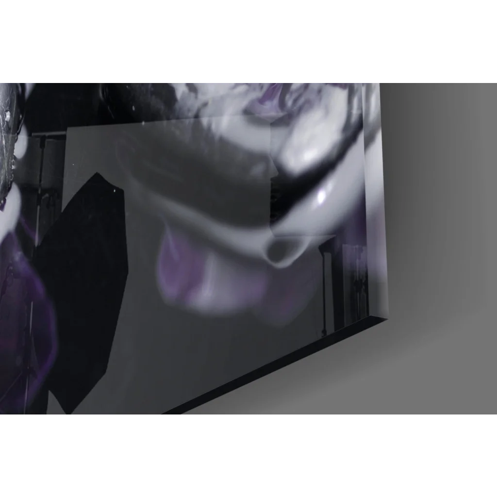 Sleek black-framed glass wall art mirror with distorted purple orchid reflections