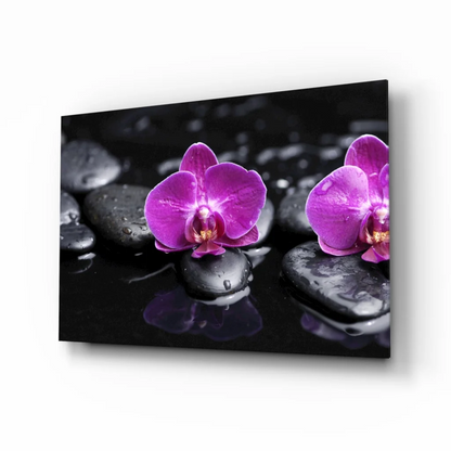 Purple Orchid Spa Stone Glass Wall Art Print | Insigneart USA | vintageantiquesgifts.com