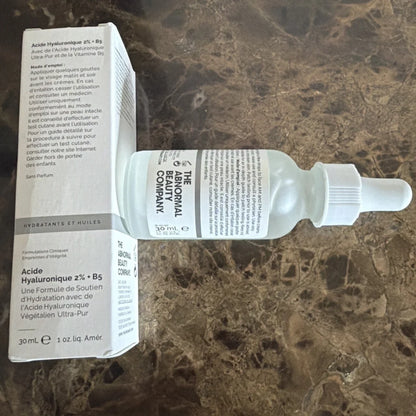 The Ordinary Hyaluronic Acid 2% + B5 Serum in clear glass bottle with dropper