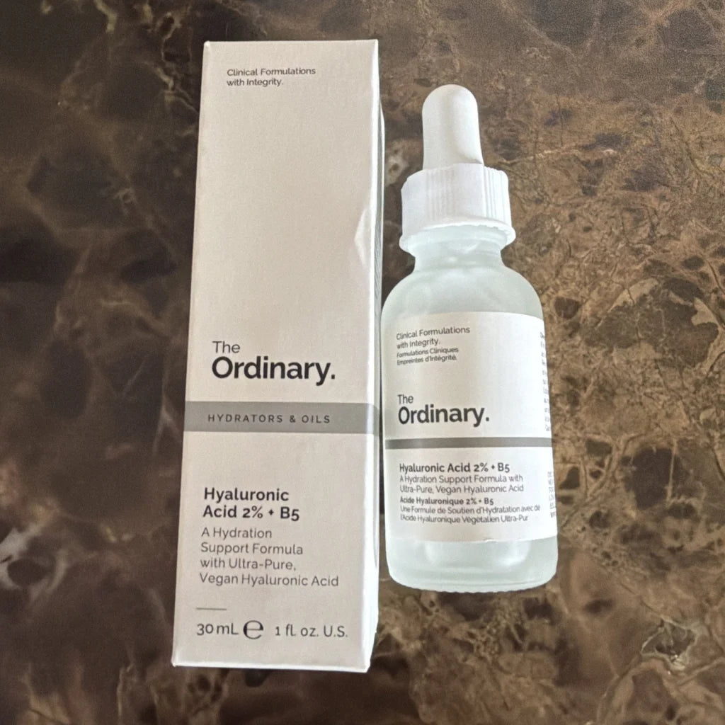 The Ordinary Hyaluronic Acid 2% + B5 Serum in glass dropper bottle and box