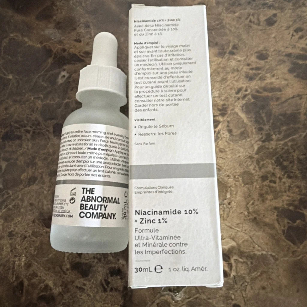 The Ordinary Niacinamide 10% + Zinc 1% oil control serum in white glass dropper bottle