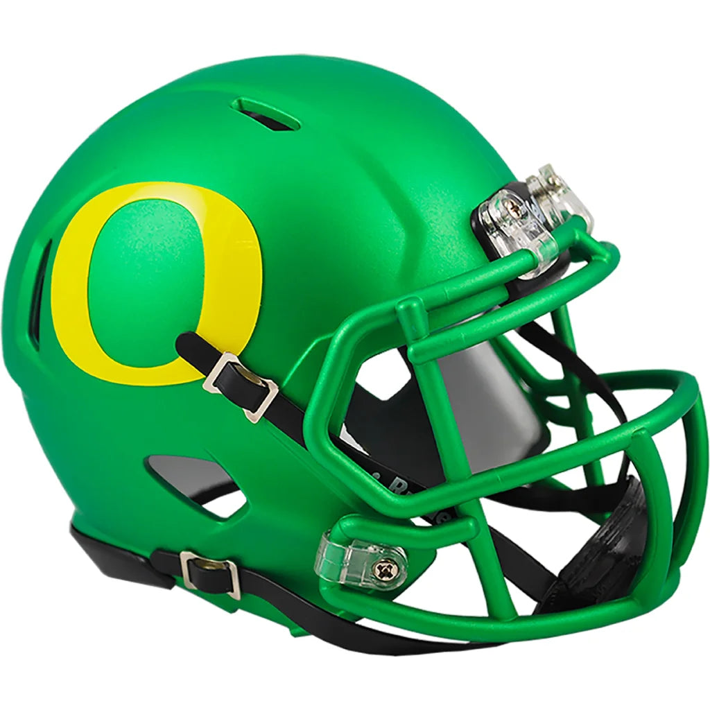 Matte green Oregon Ducks Riddell Speed Mini helmet with yellow O logo