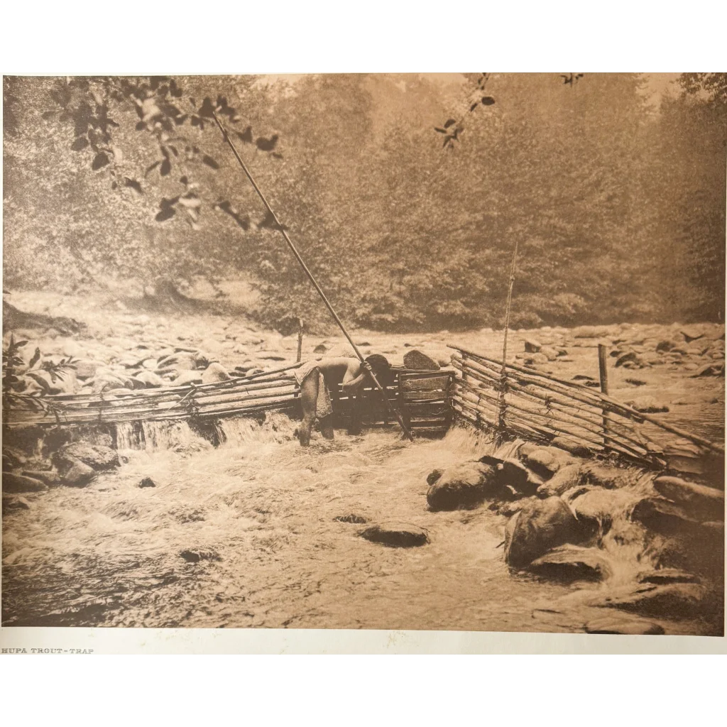 Vintage Edward Sheriff Curtis photogravure of Hupa trout-trap in rocky riverbed