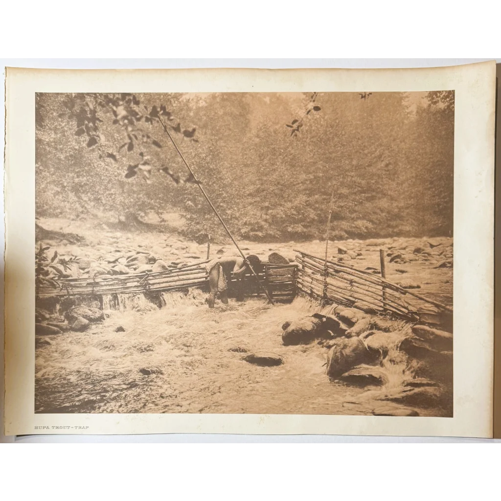 Sepia-toned Edward Sheriff Curtis photogravure of Hupa trout-trap stream