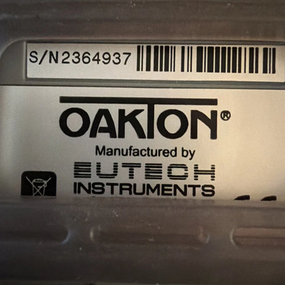 Oakton silver label with barcode on handheld salinity meter back