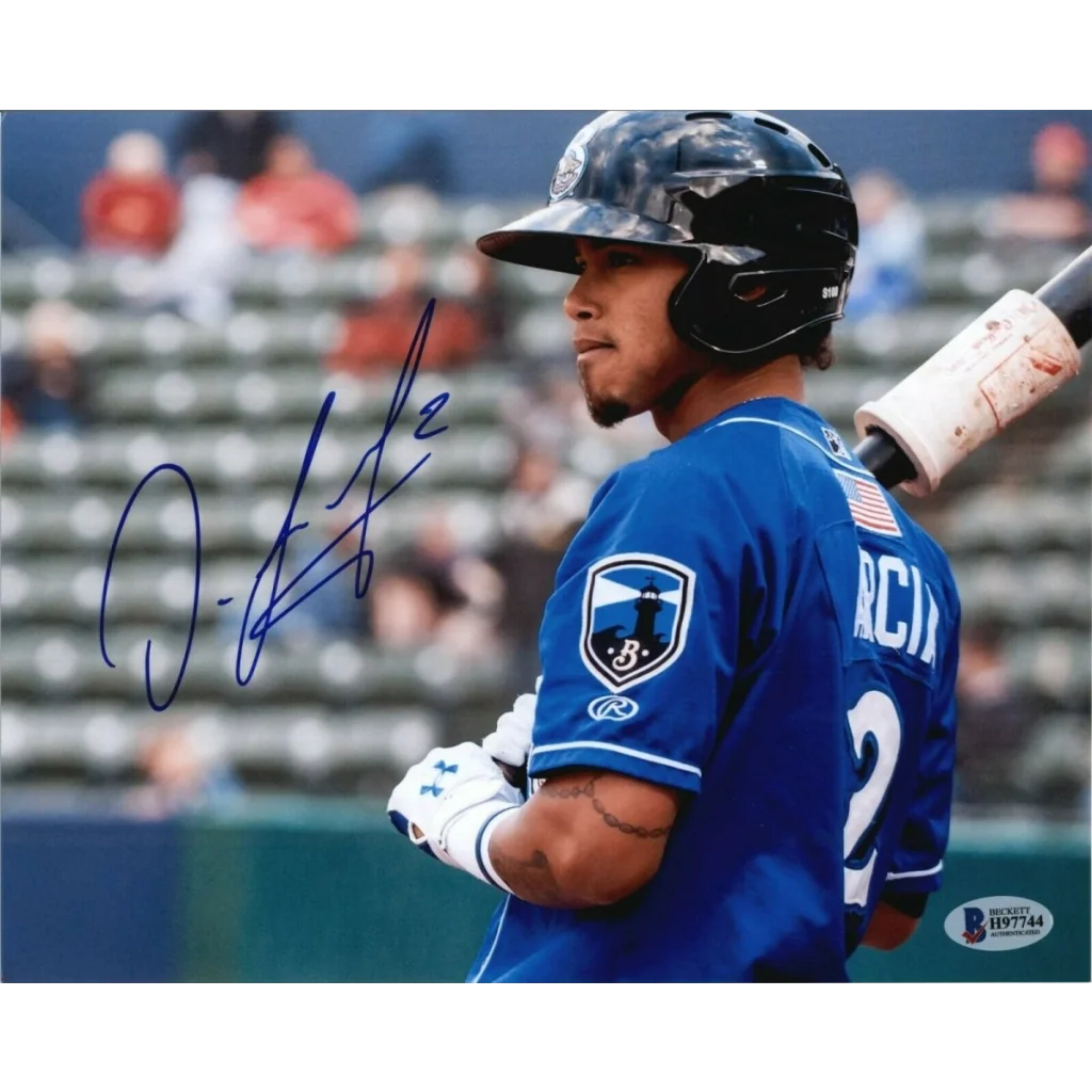 Orlando Arcia autographed photo: blue Brewers jersey, camo helmet, bat