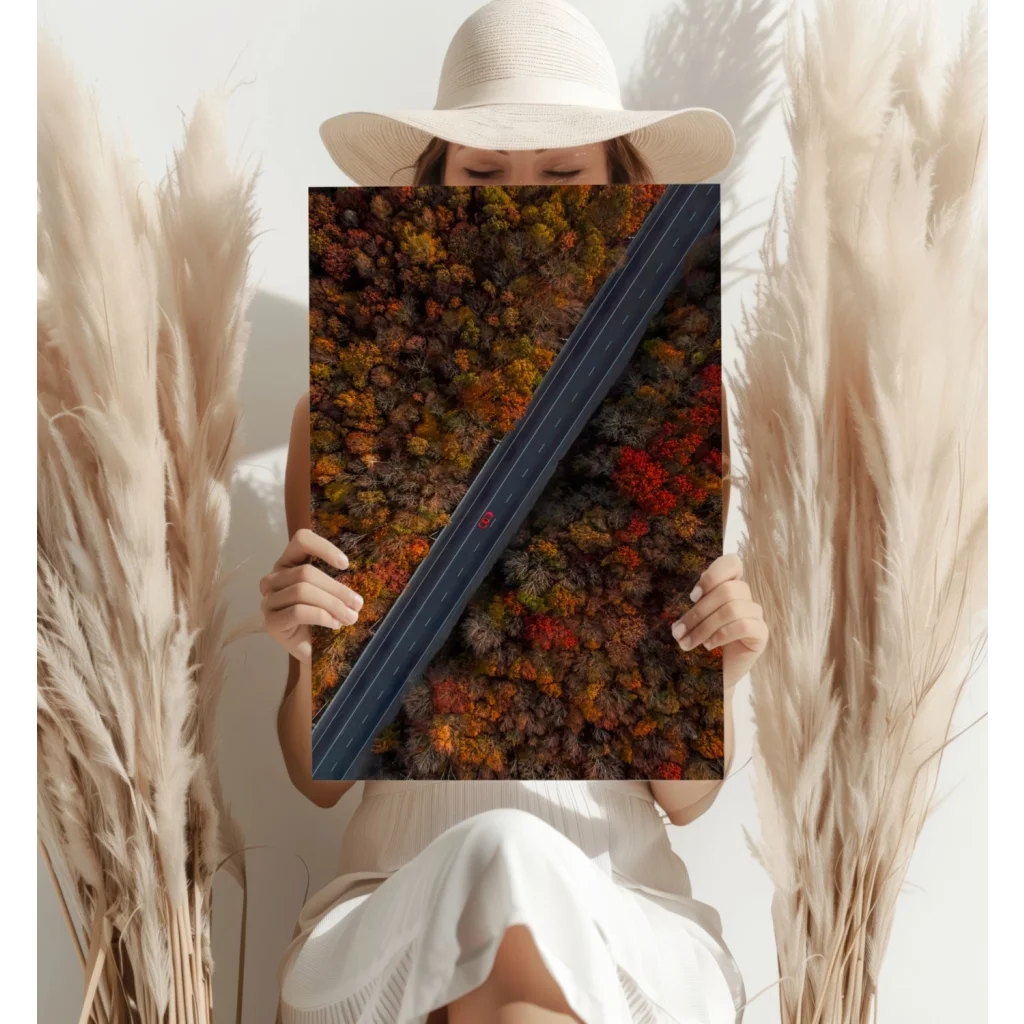 Vibrant aerial view of autumn road on Insigne Aluminum Prints