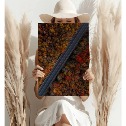 Vibrant aerial view of autumn road on Insigne Aluminum Prints
