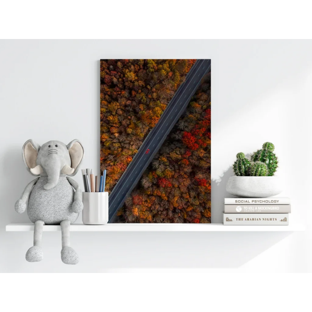 Stunning autumn road on insigne aluminum prints, vibrant fall trees
