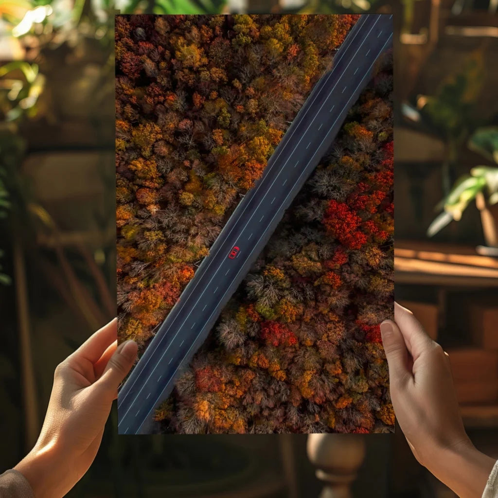 Stunning autumn road insigne aluminum print in hands