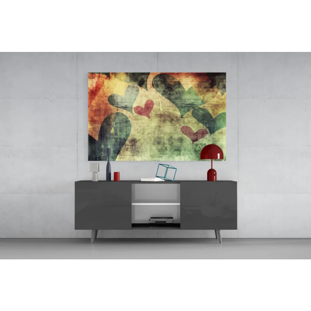 Vibrant overlapping hearts abstract canvas wall art in red, green, orange