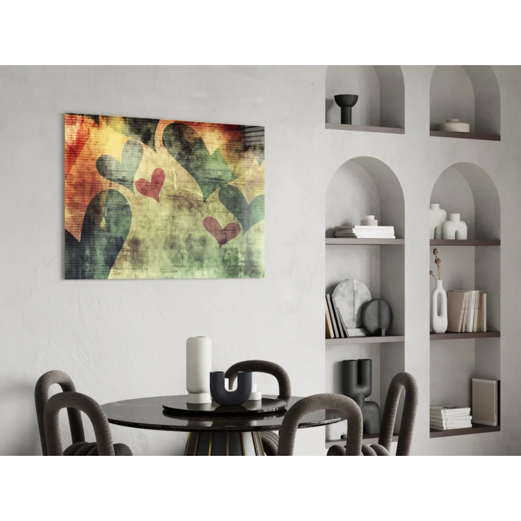 Overlapping hearts abstract canvas wall art in greens, oranges, reds