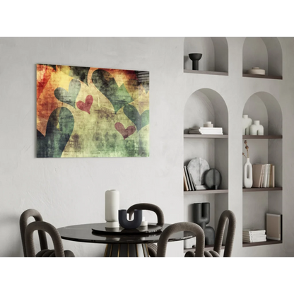 Overlapping hearts abstract canvas wall art in greens, oranges, reds