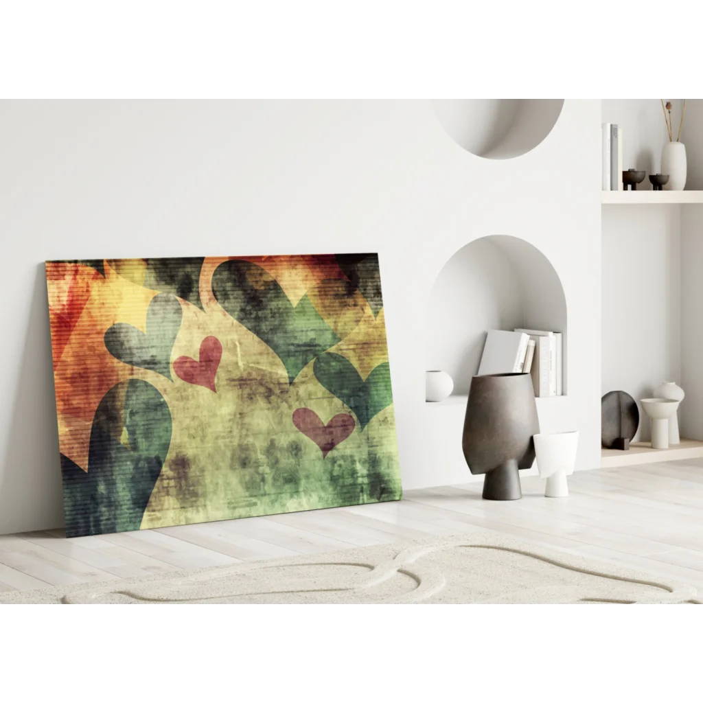 Vibrant overlapping hearts abstract canvas wall art print in red, green, yellow