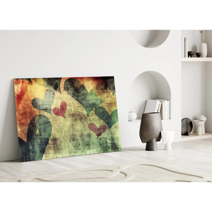 Vibrant overlapping hearts abstract canvas wall art print in red, green, yellow