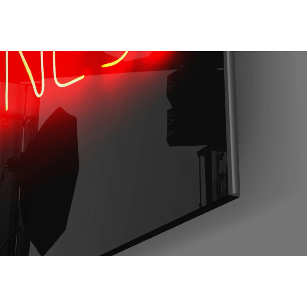 Sleek black TV reflecting Overthinking Kills Your Happiness red neon glass wall art