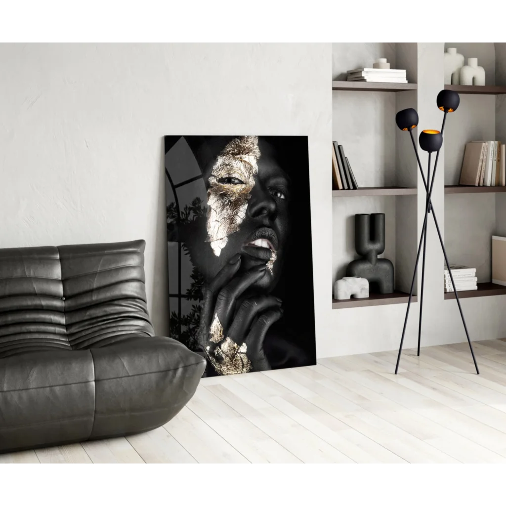 Stunning black gold abstract woman portrait glass wall art