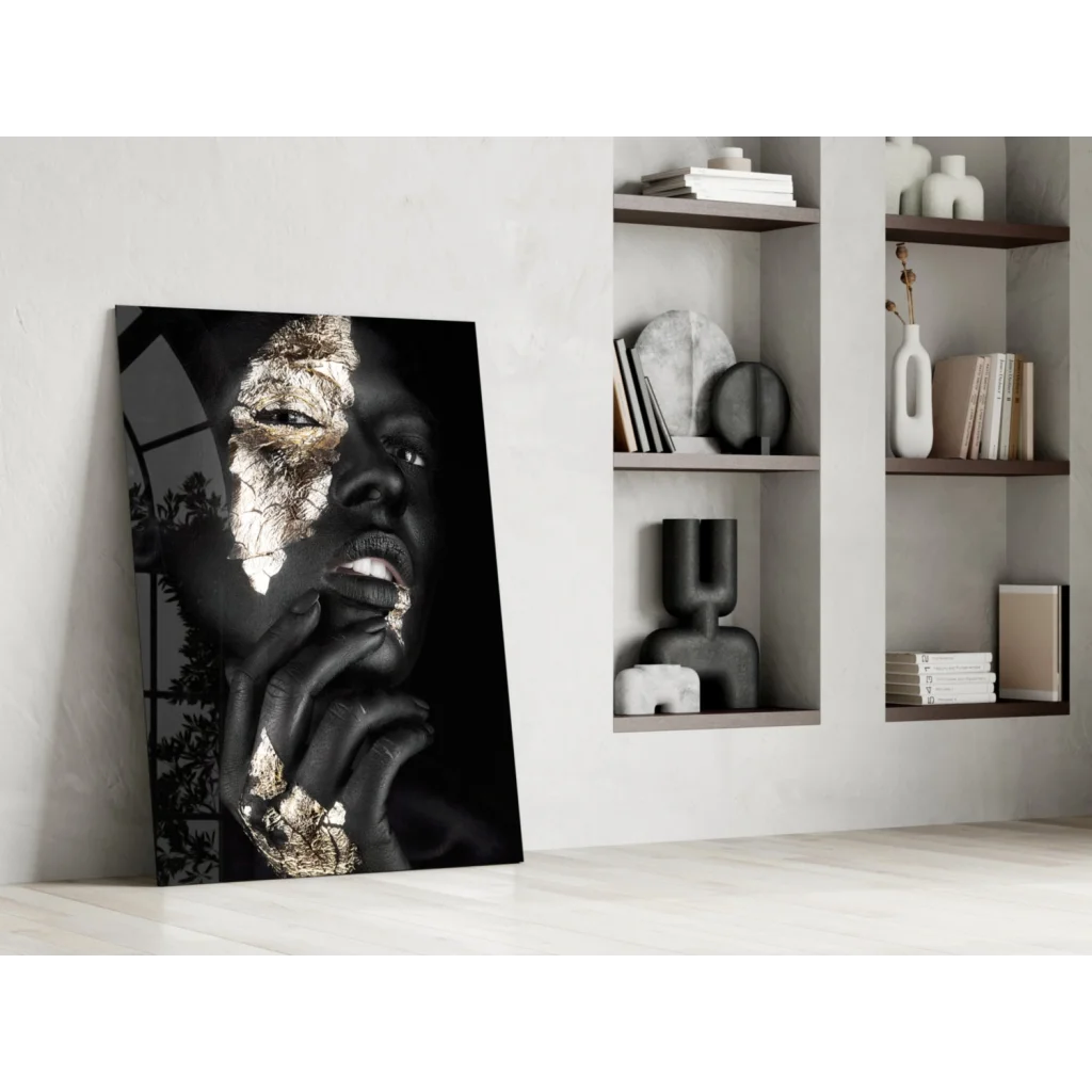 Stunning black gold abstract portrait glass wall art on white wall