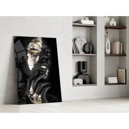 Stunning black gold abstract portrait glass wall art on white wall