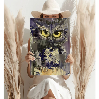 Striking abstract owl insigne aluminum print with vivid yellow eyes