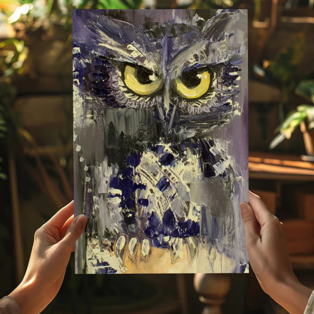 Fierce owl insigne aluminum print with vivid yellow eyes and textured brushstrokes