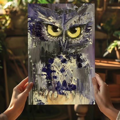 Fierce owl insigne aluminum print with vivid yellow eyes and textured brushstrokes